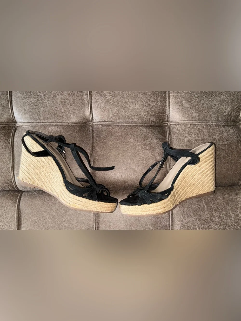 Colin Stuart Black and Natural Espadrille Platform Wedge Sandals